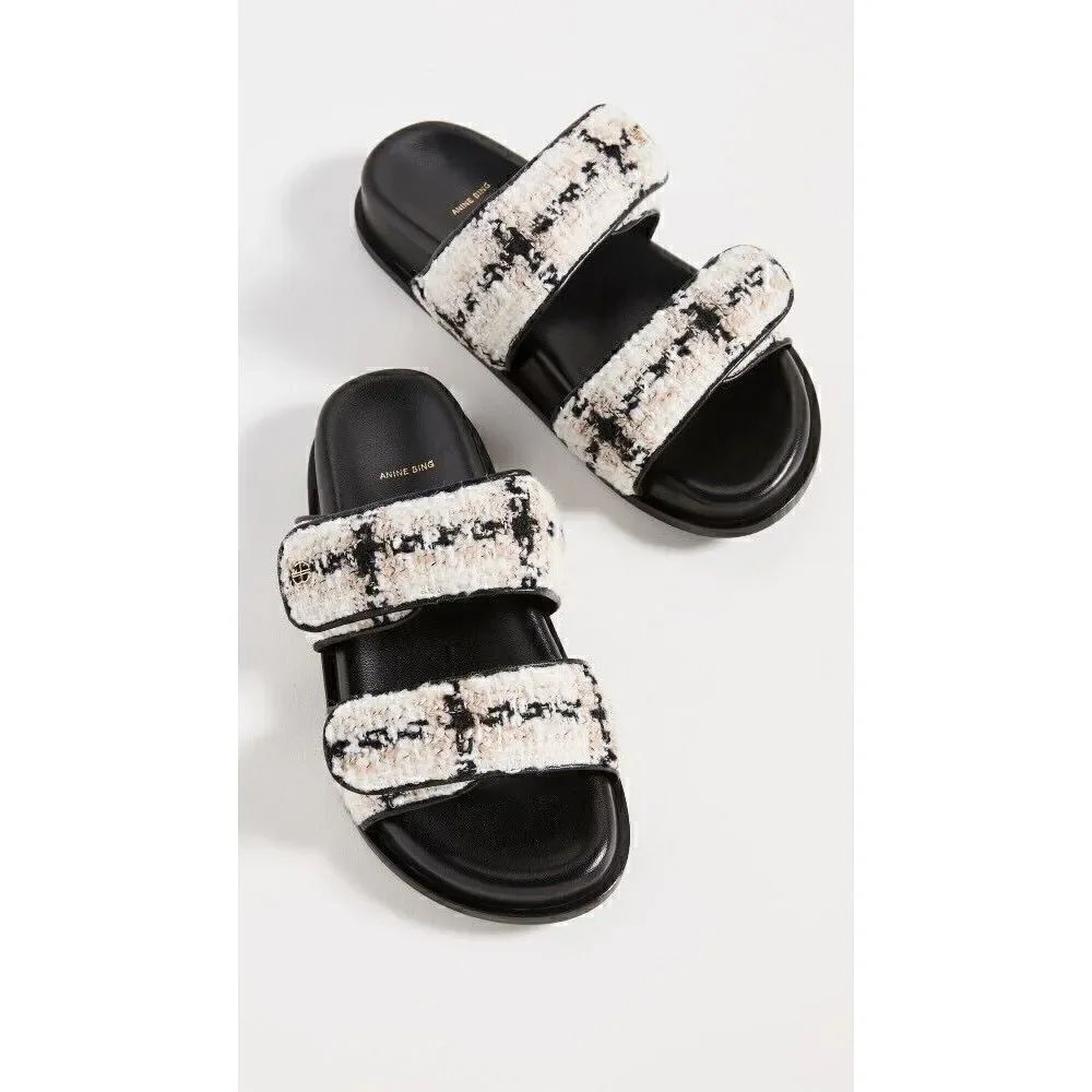 Anine Bing Sid Sandals Straps Beige Plaid Boucle Tweed 40 NEW